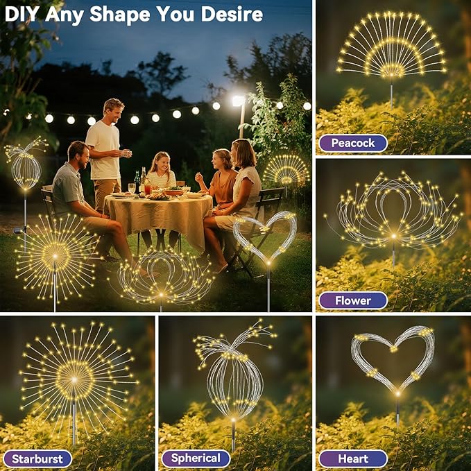Garden Outdoor Lights, 4 Pack 120 LED Solar Garden Lights Fairy Lights Outdoor Waterproof Decorative Solar Firework Lights for Yard Patio Pathway Flowerbed Party Wedding Decor, Warm White