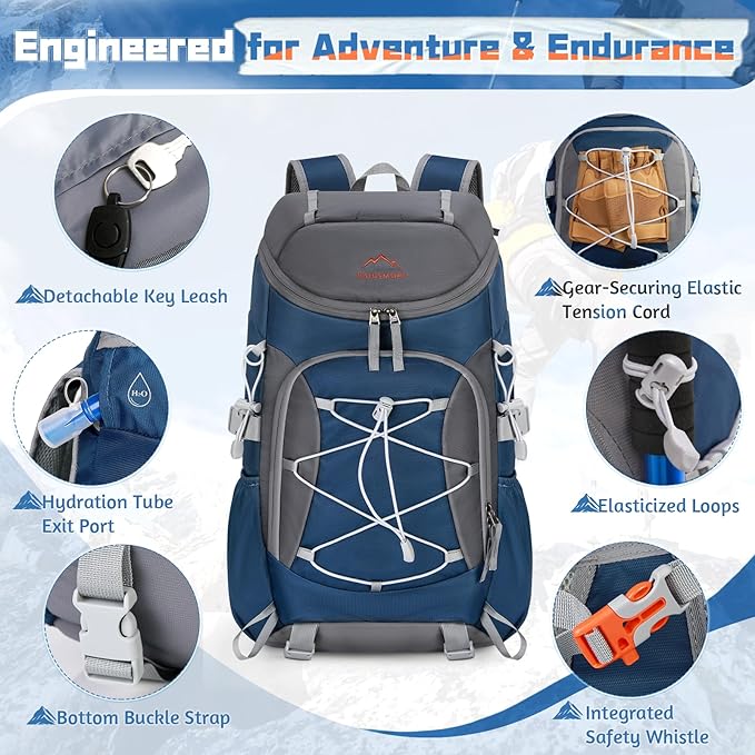 RAINSMORE Foldable Hiking Backpack for Women Men Packable Camping Backpack 40L Waterproof Hiking Daypack Bag Lightweight Collapsible Daypack for Travel Trekking Mountaineering Large Capacity Blue