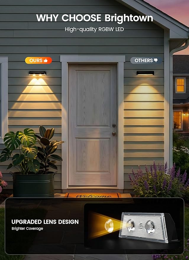Brightown 4 Pack Solar Lights Outdoor Waterproof, Color Changing Solar Fence Deck Step Flood Lights, Warm White & RGBCW 11 Color, IP65 Waterproof Garden Lights for Outside Backyard Yard Step Patio
