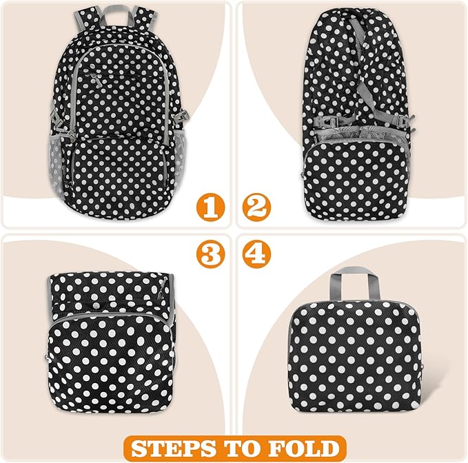 ZOMAKE Lightweight Packable Backpack 30L, Foldable Hiking Backpacks Water Resistant Compact Folding Daypack for Travel(Black，White polka dots)