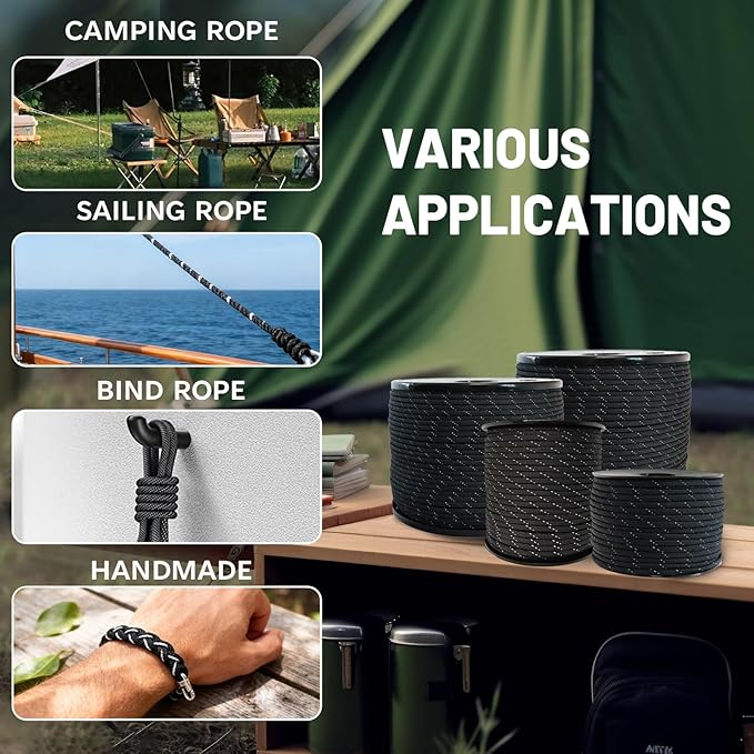 SDHUATUO Paracord Rope 200FT, 550lb Type III Nylon Parachute Cord 7-Strand Core with Reflective Strips, Utility String for Survival, Camping Gear, Hiking, DIY, Crafting, Outdoor, Black