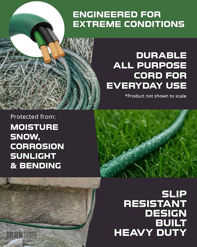 Iron Forge Cable Weatherproof 15 Ft Outdoor Extension Cord - 16/3 SJTW Heavy Duty Green Extension Cord 3 Prong - 13 Amp Exterior Power Cable