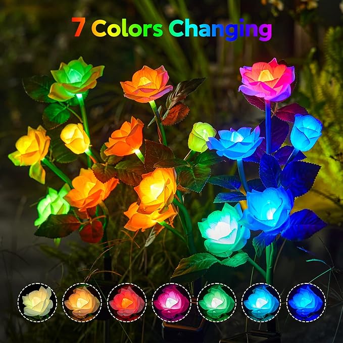 Solar Garden Lights, 6 Pack Upgraded Garden Decor LED Lights with 30 Rose Flowers, IP65 Waterproof 7 Color Changing Flowers, Outdoor Solar Lights for Garden Decorations, Gifts for Valentine's Day