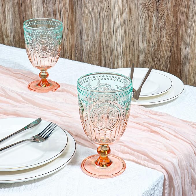 XUWAIDSGN 6Pcs Plastic Vintage Wine Glasses 13.5oz Reusable Embossed Goblet Glasses Green Orange Gradien Retro Wine Glassware Unbreakable Stemmed Champagne Water Cups for Cocktail Juice Wedding