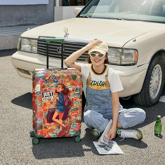 ANNA QUEEN Vintage Travel Stickers Gir Luggage Cover -Stretchable Airplane Suitcase Protector Sleeve,Universal Washable Fit for 20-26 Inch Checked Baggage,Water Resistant Durable Luggage Protector