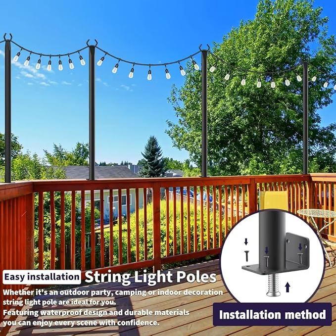 AHRLHR 5 Ft String Light Poles 4 Pack, String Light Poles for Outside with Fixing Clips,Hanging Light Poles for Deck Fence Garden Backyard Wall Bistro,Metal Poles for Outdoor String Lights