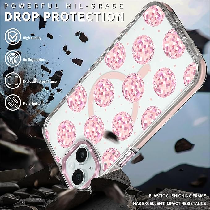 Case for iPhone 13/14,[Compatible with MagSafe],Disco Balls Pink Phone Case Design，for Women Girls Magnetic Clear Cover - Slim, Sleek, & Shockproof Protection