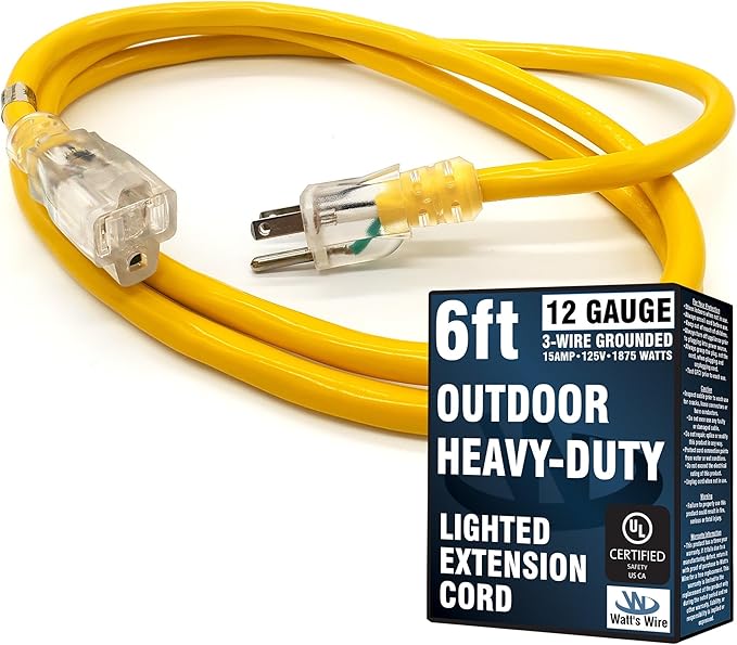 6 ft Short Outdoor Extension Cord Waterproof - 12 Gauge Heavy Duty Extension Cord 6 ft - Lighted Outdoor Extension Cords - Watts Wire - 6' Grounded