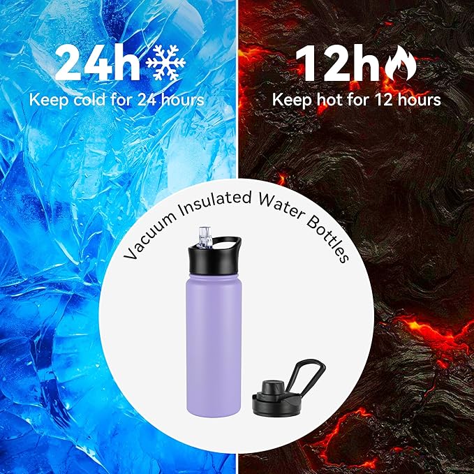 24oz Insulated Water Bottle with Straw Lid, Stainless Steel Metal Water Bottle with Straw & Wide Mouth Lid, Double Wall Vacuum Water Bottle for Hiking Camping, Lavender 4 Pack