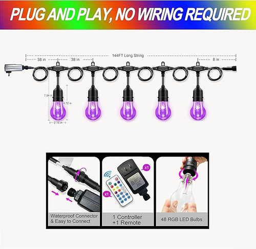 144FT Outdoor String Lights with 45 RGB Color Changing E26 Bulbs - Dimmable Shatterproof Edison Patio Lights for Backyard,Solar Commercial LED Lighting with Remote Control.