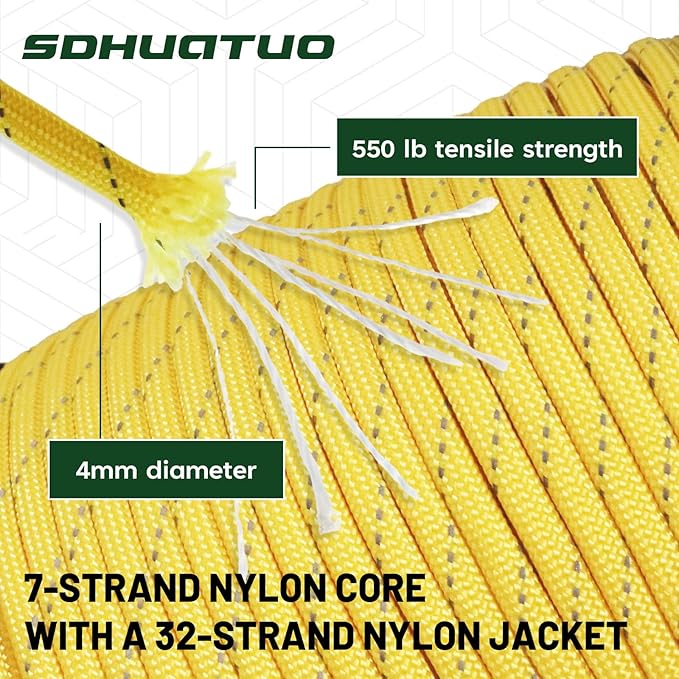 SDHUATUO Paracord Rope 100FT, 550lb Type III Nylon Parachute Cord 7-Strand Core with Reflective Strips, Utility String for Survival, Camping Gear, Hiking, DIY, Crafting, Outdoor, Yellow