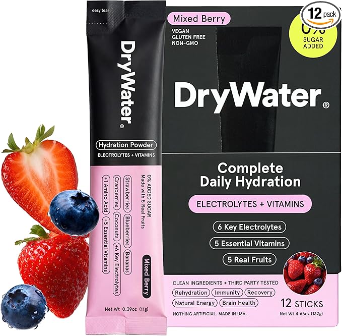 DryWater Electrolyte Powder Packets, Mixed Berry - Hydration Packets Drink Mix with Zero Added Sugar for Rehydration & Energy - 6 Key Electrolytes, 5 Essential Vitamins & 5 Real Fruits - 12 Pack
