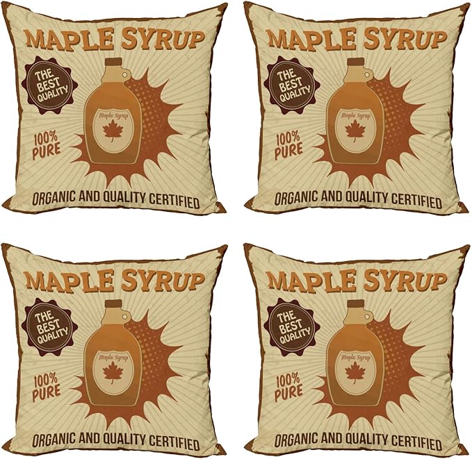 Ambesonne Retro Throw Pillow Cushion Case Pack of 4, Maple Syrup Ad with Grunge Effect Worn Out Background with Stripes, Modern Accent Double-Sided Digital Printing, 16", Pale Brown Beige