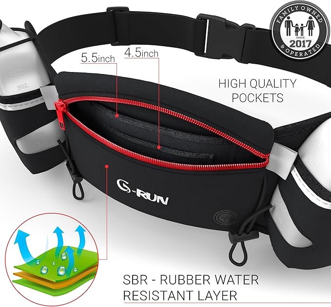 Q-RUN Hydration Running Belt with 2 x 10oz Water Bottles, No Bounce Adjustable Waist Belt for Men & Women, Marathon Running Gear
