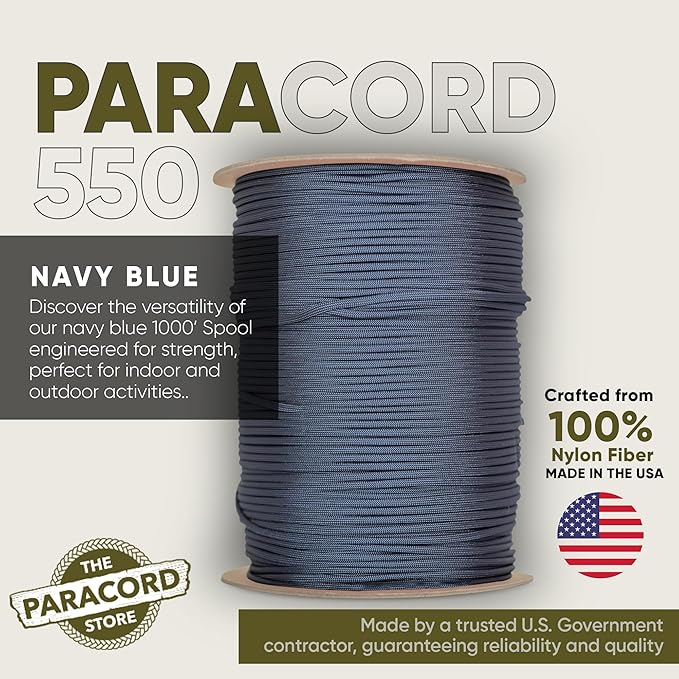 The Paracord Store | Type III 550 Paracord - 1000 FT Spool, Navy Blue | Heavy Duty 7 Strand Tactical Paracord - USA Made Nylon Outdoor Parachute Cord for Camping, Fishing & More - Survival Cord