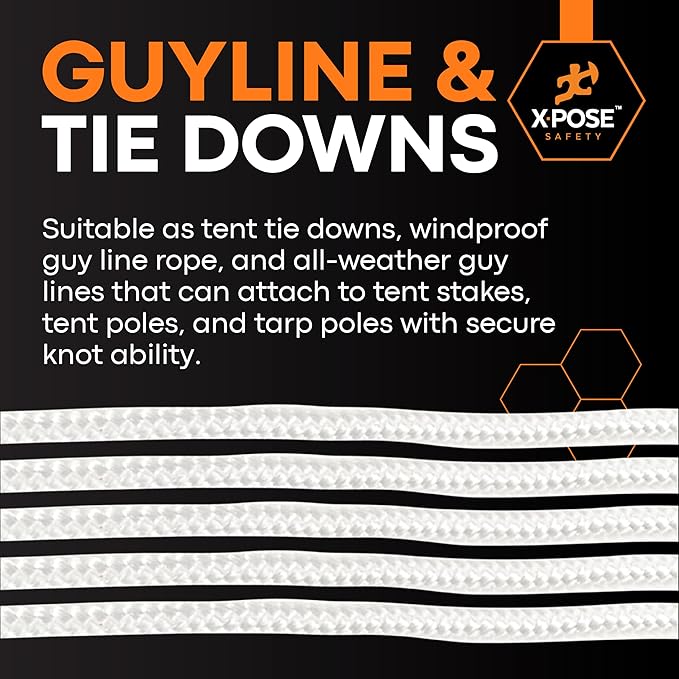 Line Nylon Cord - 100 Ft White Reflective Guyline - Camping Rope, Guy Lines, Tie Down Rope - Tent Accessories & Cordage (Pack of 2)
