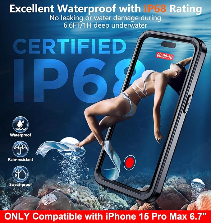 SPIDERCASE ONLY Designed for iPhone 15 Pro Max Waterproof, [Built-in Screen & Camera Protection] [IP68 Underwater]12FT Military Full-body Shockproof Anti-Scratched Rugged Phone Case 6.7”, Black/Clear