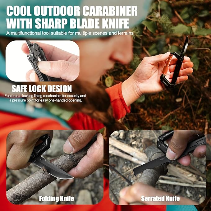Carabiner Multitool with Pocket Knives, EDC Carabiners, Serrated Knife, Rope Cutter, Screwdriver, Can Bottle Opener, Ruler, Folding Knife for Camping Hiking, Multitool Survival Gear (Orange)