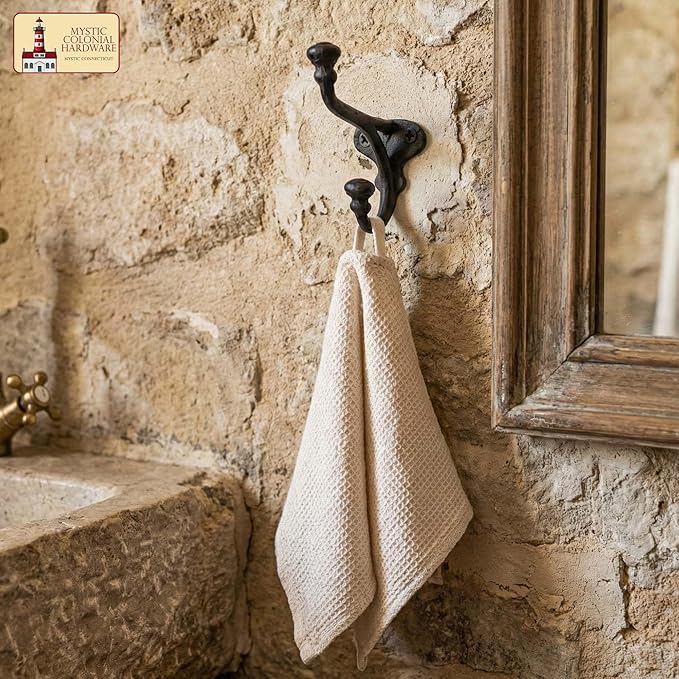 Mystic Colonial Rustic Cast Iron Wall Hooks Heavy Duty Retro Utility Hooks for Hanging Coat, Bag, Towel, Robe, Hat & More Decorative Wall Mount Hooks, Pack of 2, Black