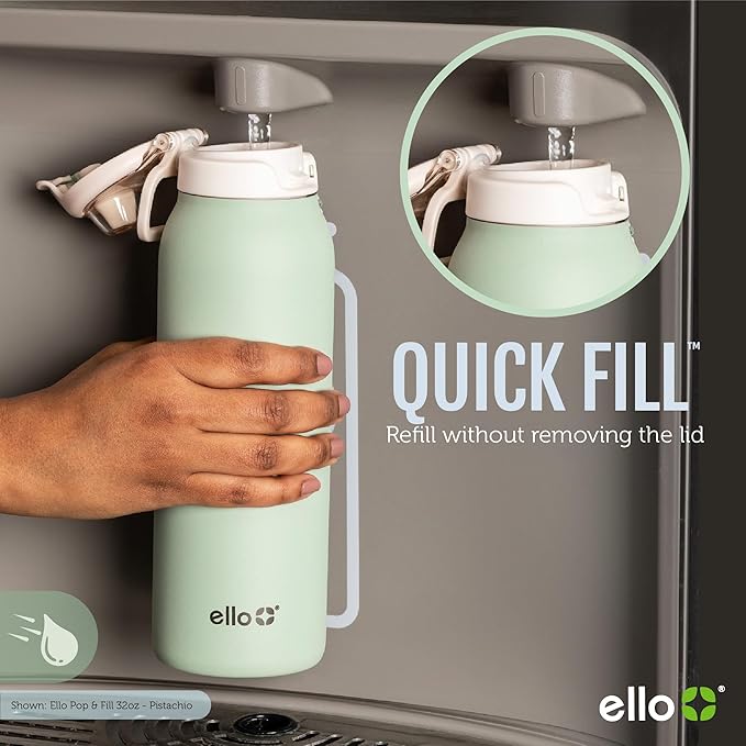 Ello Pop & Fill 22oz Stainless Steel Water Bottle with Quick Fill Technology, Double Walled and Vacuum Insulated Metal, Leak Proof Locking Lid, Sip and Chug, Reusable, BPA Free, Aurora