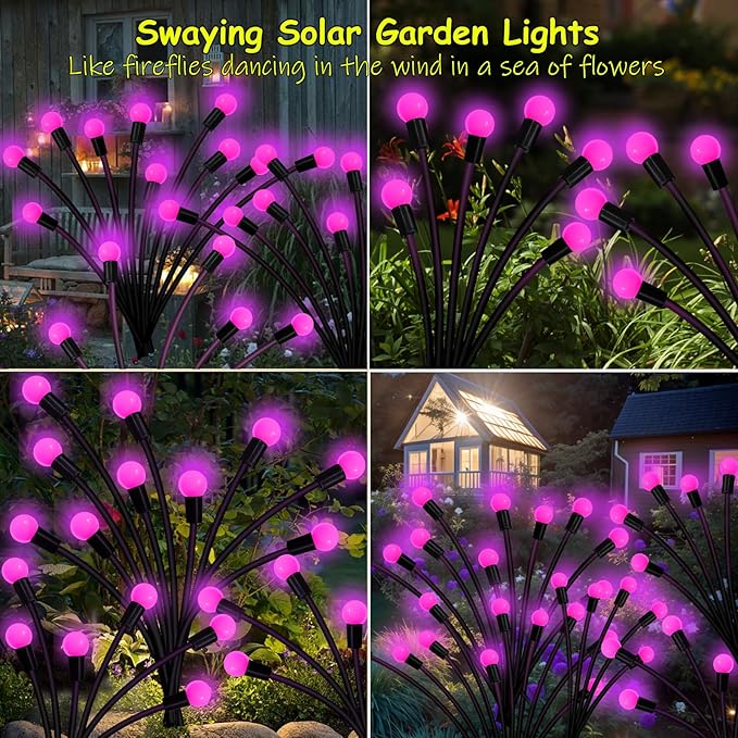 Kohlrabi Solar Garden Lights Outdoor, 6 Pack 48 LED Pink Firefly Lights Waterproof, Sway by Wind, Solar Swaying Light for Yard Patio Backyard Garden Planter Flower Bed Pathway Outdoor Decoration