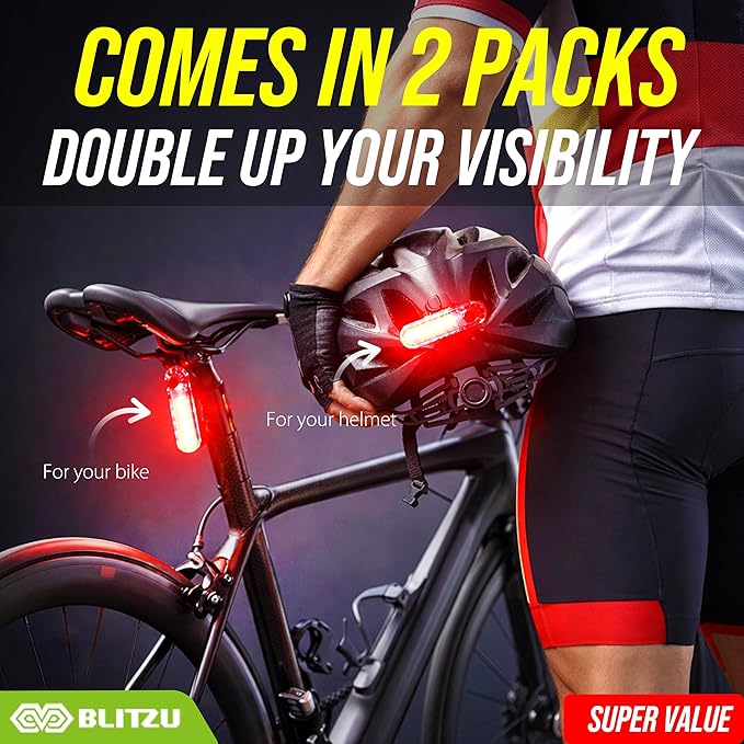 BLITZU USB-C Rechargeable Bike Tail Light 2 Pack, Bright Bicycle Rear Cycling Safety Flashlight Accessories for Night Riding, Cyborg 120T, 4 Light Modes for Adults Kids Men Women Road Mountain