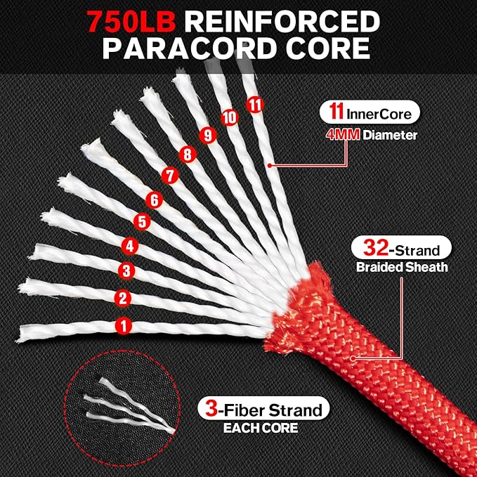 Paracord Rope 750 - Parachute para Cord 4mm 11 Strand Spool Rope Utility Nylon String for Outdoor Camping Survival Utility Tent Crafting DIY Projects - Red 500ft