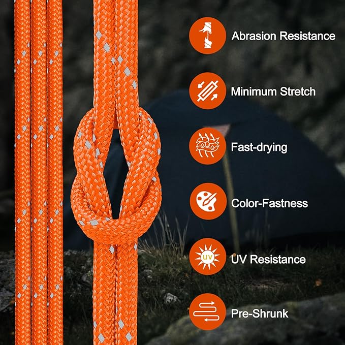 Reflective Parachute Rope 850Ib, 50/100/200/500/1000ft 4MM 11 Strand Strong Heavy-Duty Paracord Spool Cord, para Cord Lanyard for Clothsline, Hammock, Camping, Hiking, Orange 1000FT