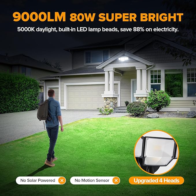 LUTEC 80W Dusk to Dawn Flood Lights Outdoor, 9000LM Super Bright LED Security Light with Photocell, IP65 Waterproof, 5000K Daylight, Hardwired 4 Heads Floodlight for Garage, Yard (Black)