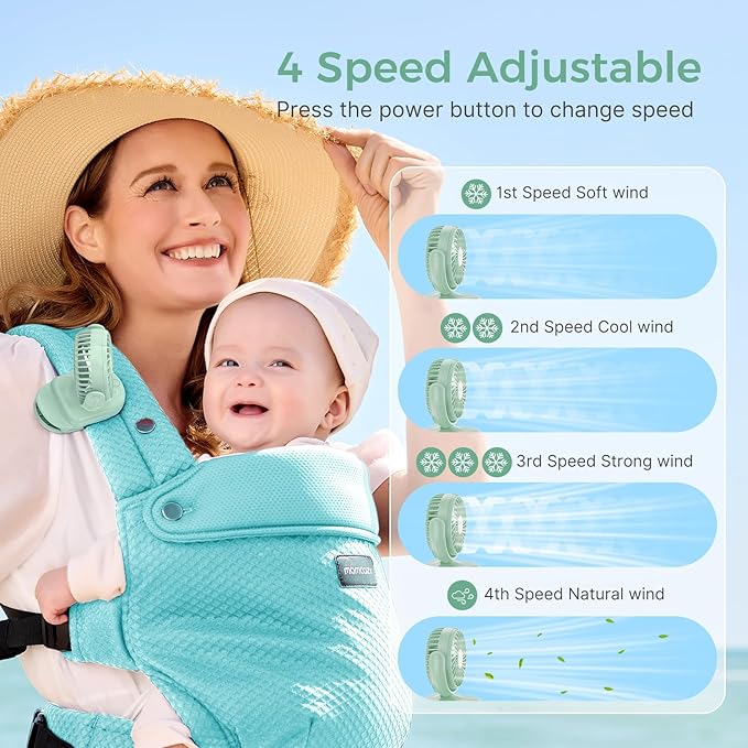 Momcozy Portable Stroller Fan with Clip | 4-Speed Mini-Fan for Carrier | Personal Fans Ultra Light 0.26lb | Gaps ≤4.5mm | Handheld Cooling | Rechargeable Rotate for Diaper Backpack/Table