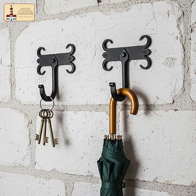 Mystic Colonial Rustic Cast Iron Wall Hooks, Heavy Duty Retro Utility Hooks for Hanging Coat, Bag, Towel, Robe, Hat and More, Mounting Hardware Included, Pack of 10
