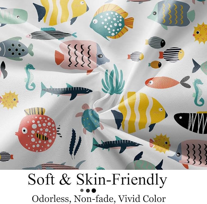 Kid Shower Curtain, Colorful Cartoon Tropical Fish Ocean Beach Theme Bath Curtain Waterproof Fabric Machine Washable with Hooks, 36" Wx72 L