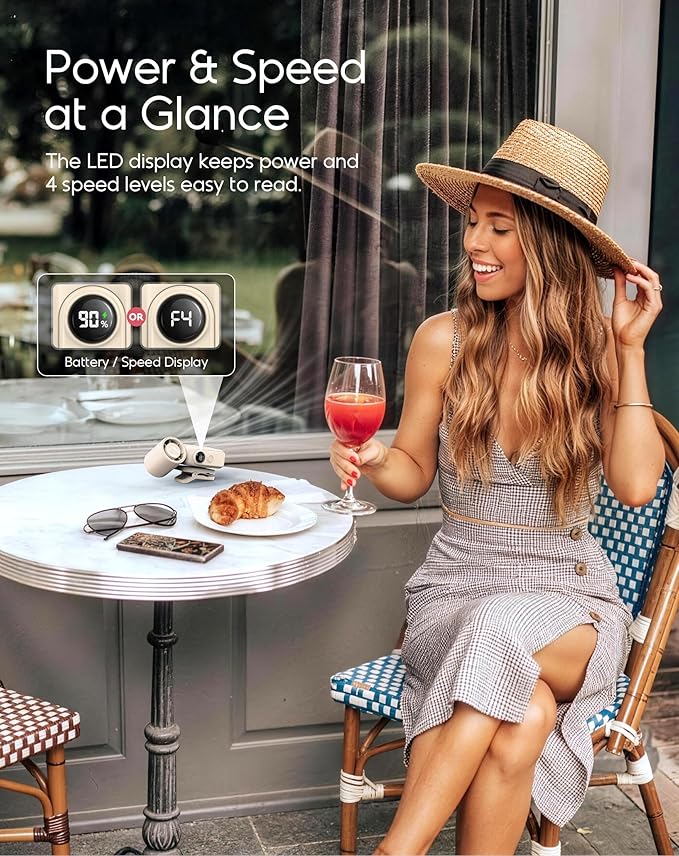 Portable Clip-On Mini Fan, Hands-Free, Turbo Personal Handheld Fans Rechargeable w/ 4 Wind & LED Display, Pocket Size Summer Cooling Essentials for Travel/EyeLash/Beach/Concert, Gifts for Women(Ivory)
