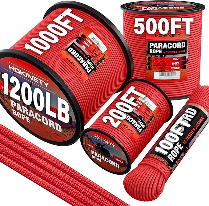 1200 Paracord Rope - 4.4mm 14 Strand Nylon Parachute Spool para Cord Lanyard for Outdoor Camping Survival Utility Tent Crafting DIY Projects Fishing Clothsline Bracelet - Red 200FT