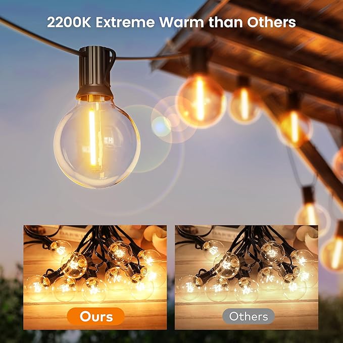 OHLUX Outdoor String Lights,110FT Dimmable Patio Lights with 58 Shatterproof 2200K LED G40 Bulbs(2 Spare),Waterproof Hanging Lights String for Outside Backyard Cafe Porch Deck Porch
