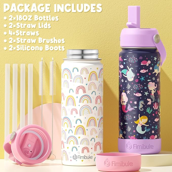 Fimibuke Kids Insulated Water Bottle, 18oz BPA FREE Kids Cup with Straw Double Wall Vacuum Tumbler 18/8 Stainless Steel Leak Proof Toddler Water Bottle for School Boys Girls (2 Pack, Rainbow/Mermaid)