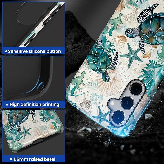for Samsung Galaxy S25 Case,HL2 Ocean Sea Turtle Nautical Map Hybrid 2 Layer Hard Shell Silicone Protective Pattern Design Case