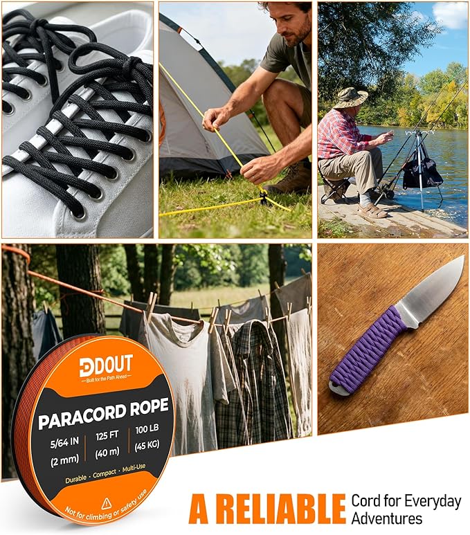 DDOUT 2mm Paracord 100lb, Thin Micro Paracord Rope, Orange 125FT Nylon Cord for Crafting, DIY Projects, Fishing, Camping & Outdoor