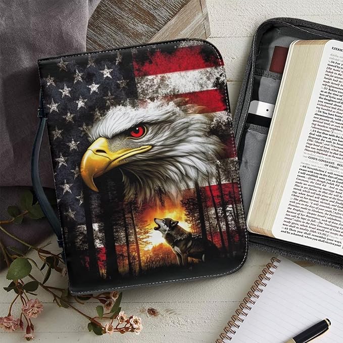 Large Bible Cover Case for Women Men American Flag Wolf Bald Eagle Print PU Leather Bible Case with Bookmark Church Bag Book Carrying Case Bible Cover for Women Men Bible Case for Men Women