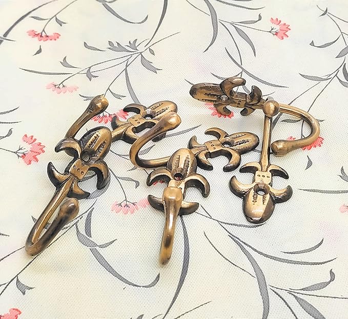 FAPBADRI Multipurpose Hooks, Used to Hang Clothes, Bags, Coats, Curtain Hold Backs, Keys, Colour - Antique Gold, Material - Brass, Royal Design, Screws and Wallplugs Included, Pack of 2 Pieces
