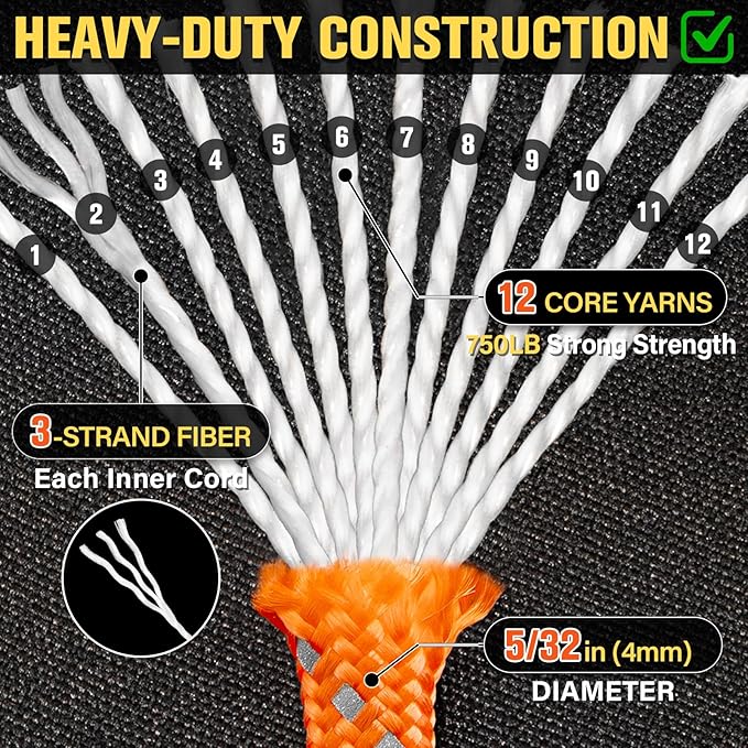 Reflective Paracord Rope 750 lb - 200ft 5/32" Parachute Cord 4MM 12-Strand para Cord - Heavy Duty Spool String for Survival,Camping Gear, Survival Bracelet, Clothesline - Orange