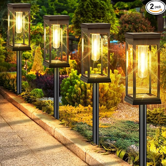 BesLowe Solar Pathway Lights Outdoor, 2-Pack Large LED Solar Light Outdoor Waterproof, Super Bright Outside Lights for Yard, Sun-Powered Landscape Lighting for Garden Walkway, Warm White