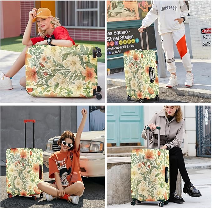 ANNA QUEEN Floral Botanical Luggage Cover, Vintage Flower Suitcase Protector, Washable Stretchable Travel Cover for 24-26 Inch Luggage