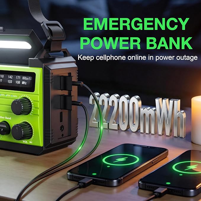 Emergency Weather Radio, 22200mWh Hand Crank Emergency Radio with NOAA/AM/FM, Dual USB Output for Family, 3-Mode Flashlight & SOS Alarm, Portable Solar Crank Radio for Emergency Supplies Survival Gear
