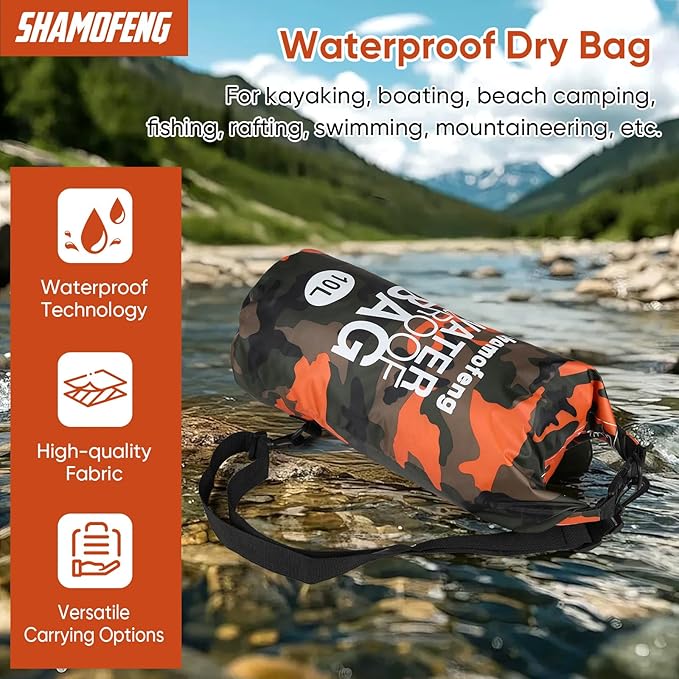 Waterproof Dry Bag 5L/10L/15L/20L/30L Roll Top Dry Storage Backpack with Phone Case, Collapsible Water Bottle, Sunglasses, Ear Band for Kayaking Boating Swimming Fishing Camping, Orange 15L
