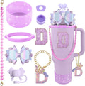 9PCS Purple for Stanley Cup Accessories Set Bling Initials Bow Charms for Stanley Decorations 30/40 Oz Tumbler Accessories Including Bow Straw Topper, Handle Strap, Spill Stopper（Letter D）