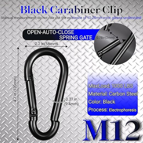 12 Pack 4.7" Heavy Duty Carabiner Clips, M12 Black Galvanized Steel Spring Snap Hooks, Rust-Resistant Keychain Clips for Hammock, Camping, Hiking, Fishing, Swing Set