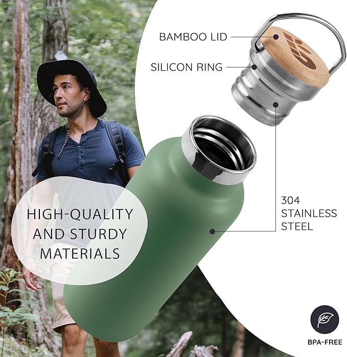 Bambaw Insulated Water Bottle 12 oz, Stainless Steel Water Bottle with Handle, For Hot & Cold Drinks, Rust-Resistant Metal, With Wide Mouth That Fits Tea Infusers (Sage Green)