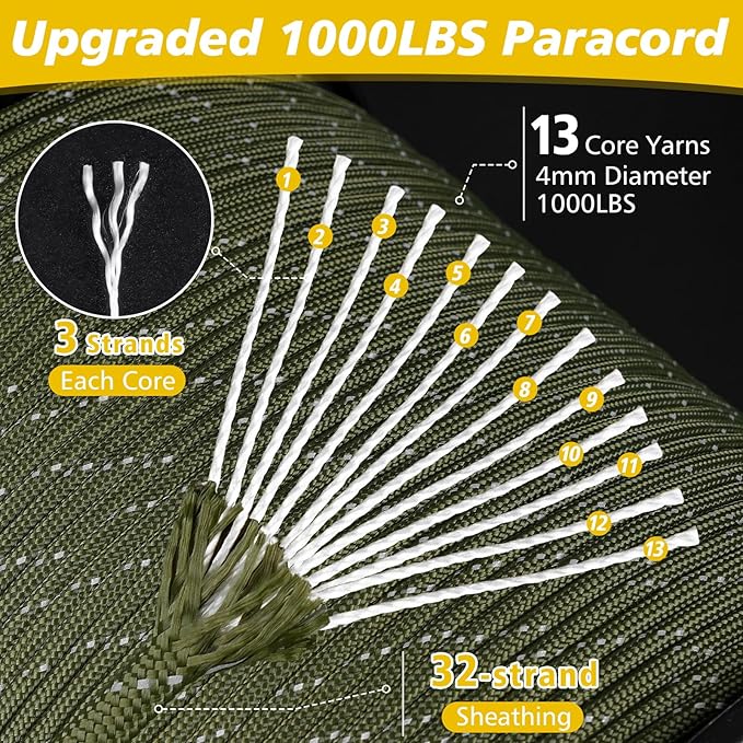 X XBEN Paracord Reflective 1000lb, 50/100/200/500/1000ft 4mm, 13 Strand Parachute Spool Cord, Heavy Duty Paracord Rope for Camping, Fishing, Hiking, Hunting, DIY Crafts, Purple