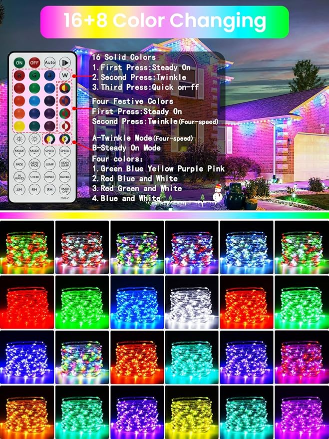 66Ft 200 LED RGB Color Changing 4th of July Fairy Lights Plug in, Waterproof String Lights with Remote for Outdoor Indoor, 24 Colors Twinkle Lights with Timer for Independence Day Patriotic Decoration
